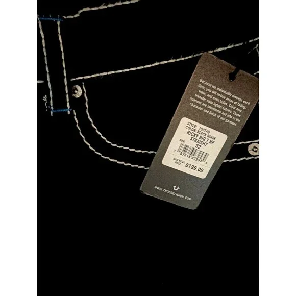 True Religion Jeans Men's Black Ricky Big T Blue Stitch Straight Denim NWT - Picture 5 of 5